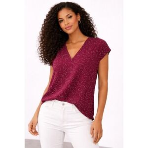 Monday Fun Burgundy Polka Dot V-Neck Cap Sleeve Blouse FD86199S-39 L